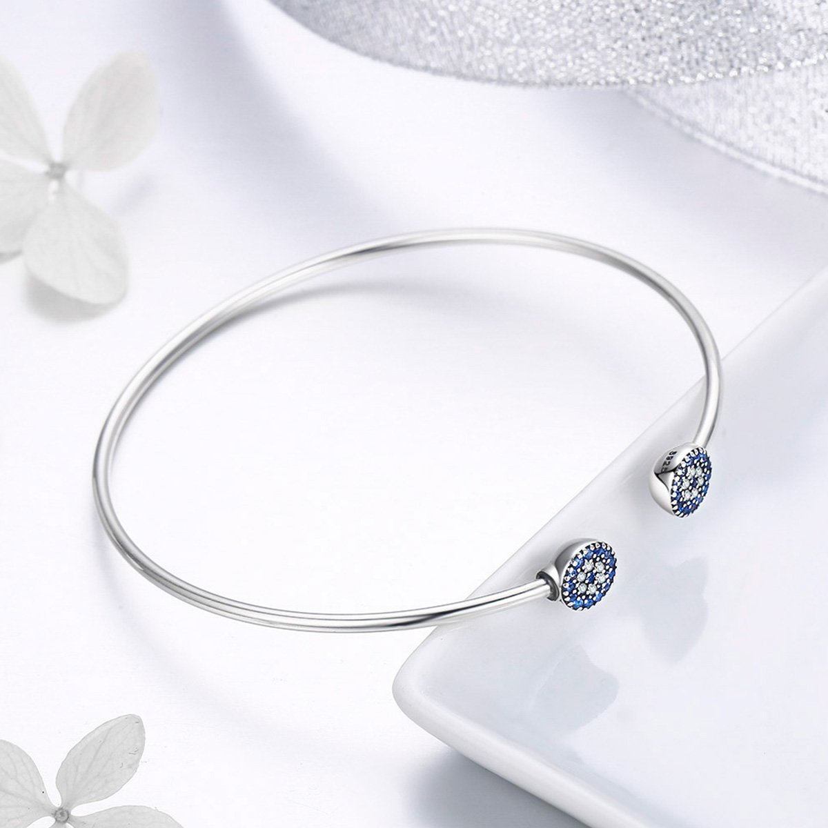 2018 New 100% 925 Sterling Silver Lucky Blue Eyes Blue CZ Women Open Cuff Bangle & Bracelet Luxury Silver Jewelry SCB058