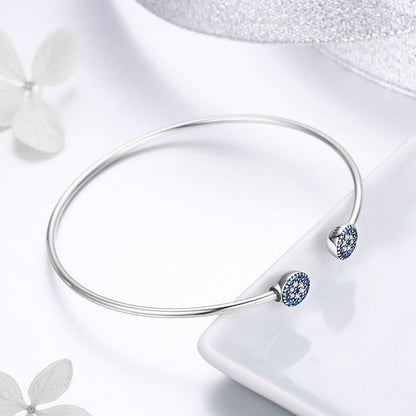 2018 New 100% 925 Sterling Silver Lucky Blue Eyes Blue CZ Women Open Cuff Bangle & Bracelet Luxury Silver Jewelry SCB058
