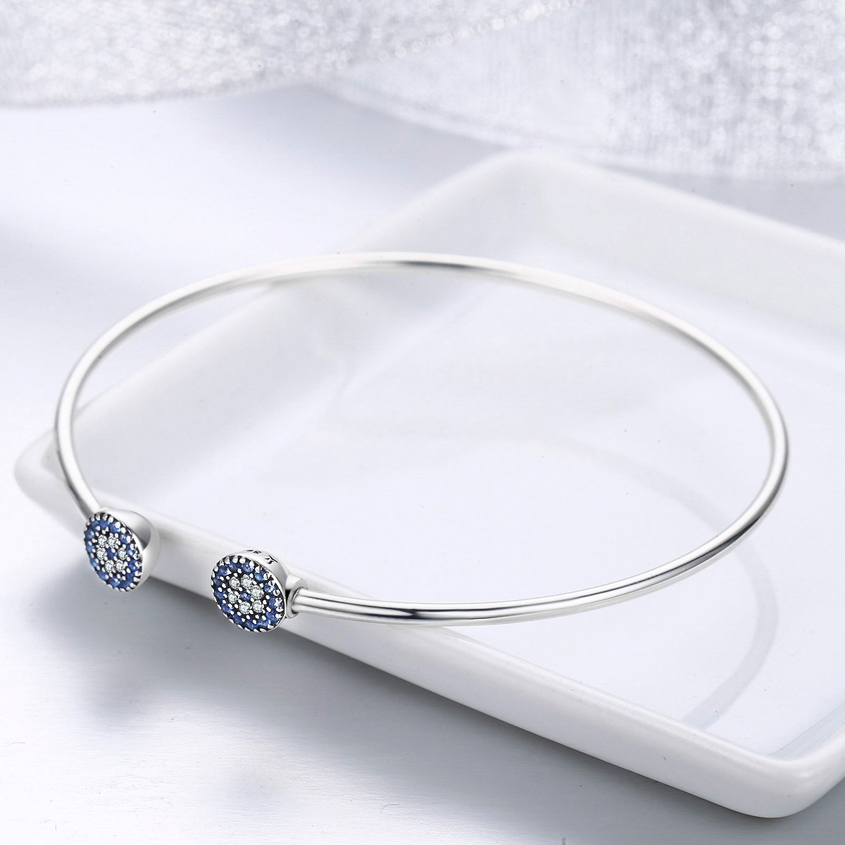 2018 New 100% 925 Sterling Silver Lucky Blue Eyes Blue CZ Women Open Cuff Bangle & Bracelet Luxury Silver Jewelry SCB058