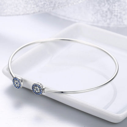 2018 New 100% 925 Sterling Silver Lucky Blue Eyes Blue CZ Women Open Cuff Bangle & Bracelet Luxury Silver Jewelry SCB058