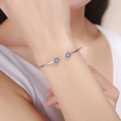 2018 New 100% 925 Sterling Silver Lucky Blue Eyes Blue CZ Women Open Cuff Bangle & Bracelet Luxury Silver Jewelry SCB058