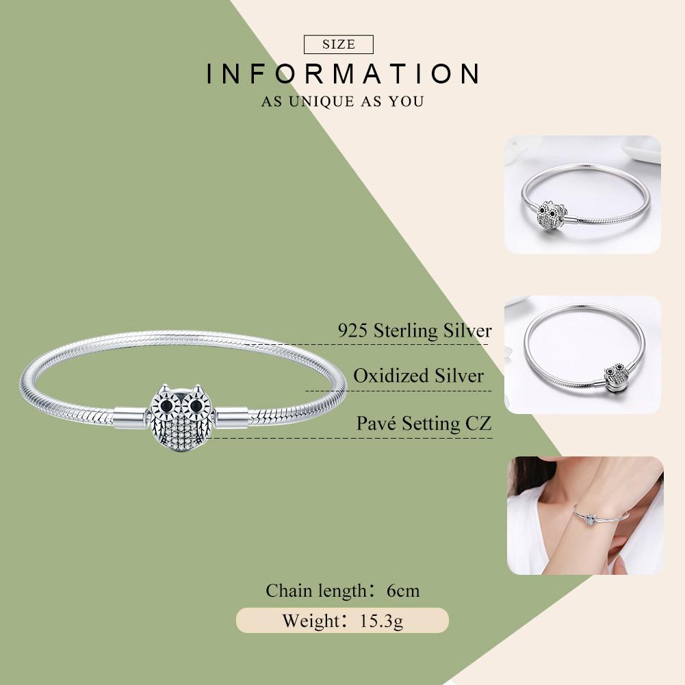 Authentic 100% 925 Sterling Silver Cute Animal Owl Clasp Women Snake Chain Bracelet Sterling Silver Jewelry S925 SCB067