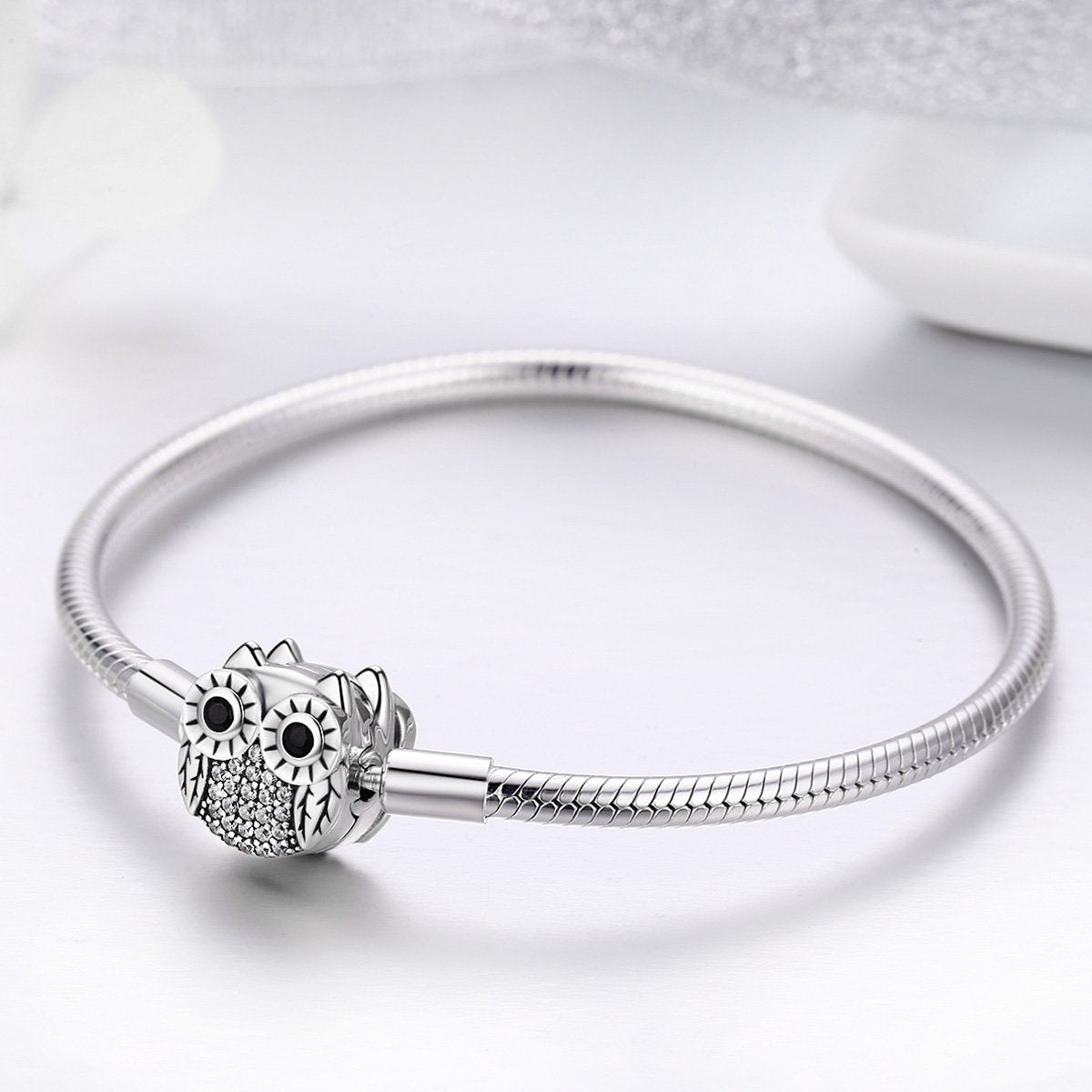 Authentic 100% 925 Sterling Silver Cute Animal Owl Clasp Women Snake Chain Bracelet Sterling Silver Jewelry S925 SCB067