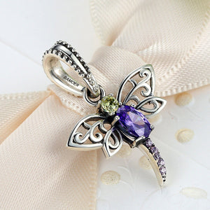 925 Sterling Silver Dragonfly Insects Purple Charms Pendants fit DIY Bracelets for Women S925 Fine Jewelry SCC048