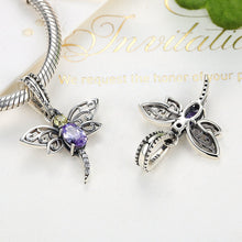 Load image into Gallery viewer, 925 Sterling Silver Dragonfly Insects Purple Charms Pendants fit DIY Bracelets for Women S925 Fine Jewelry SCC048