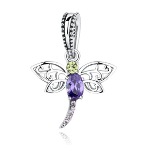 925 Sterling Silver Dragonfly Insects Purple Charms Pendants fit DIY Bracelets for Women S925 Fine Jewelry SCC048