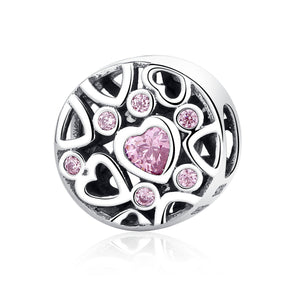 High Quality 925 Sterling Silver Pink Stone Heart to Heart Beads Charms fit Women Bracelets & Necklaces Jewelry SCC054