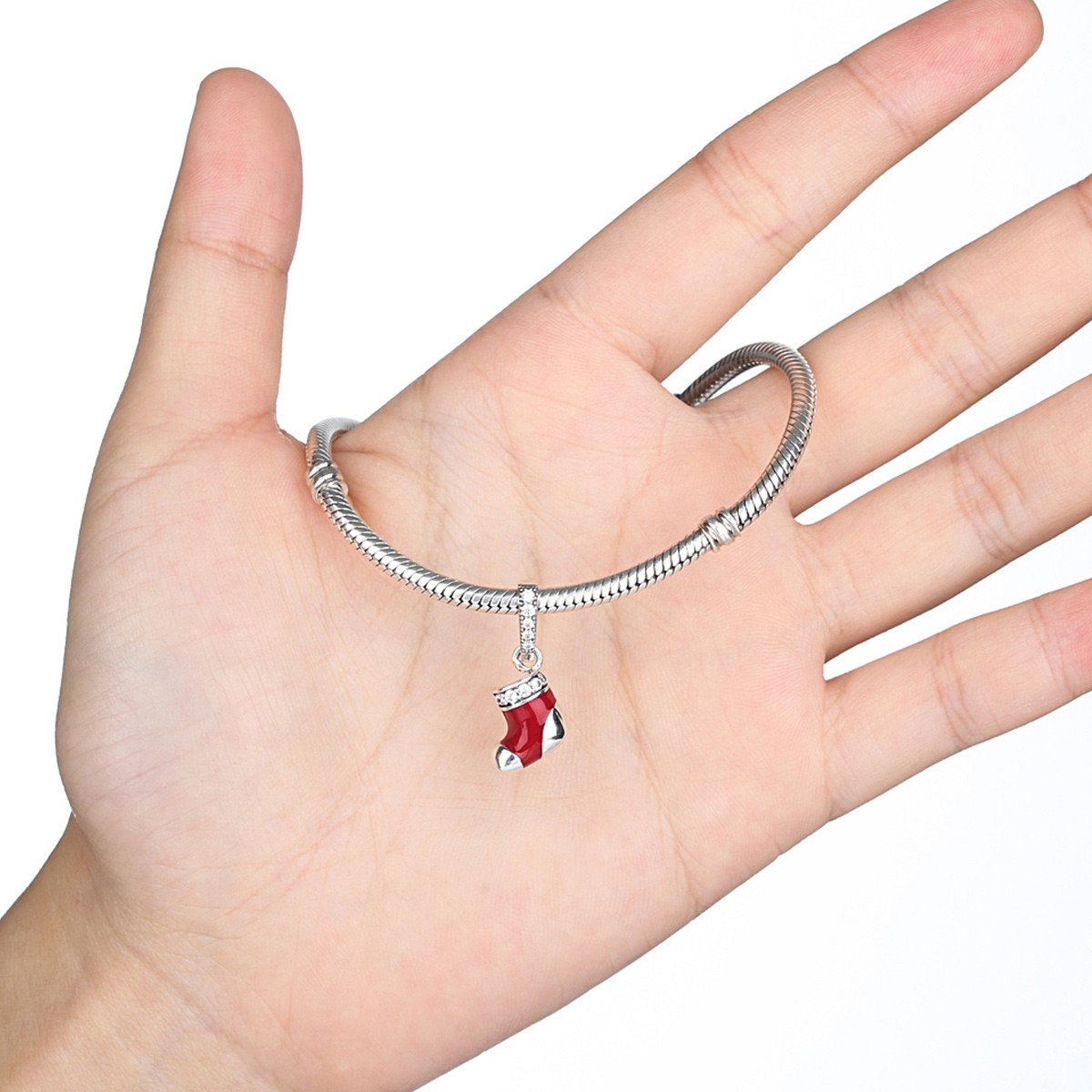 925 Sterling Silver Christmas Gift Socks Pendant for Silver Snake Necklace Women Winter Jewelry with CZ Red Enamel SCC074