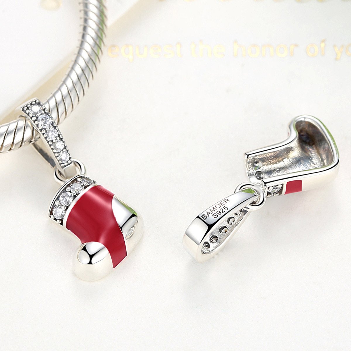 925 Sterling Silver Christmas Gift Socks Pendant for Silver Snake Necklace Women Winter Jewelry with CZ Red Enamel SCC074