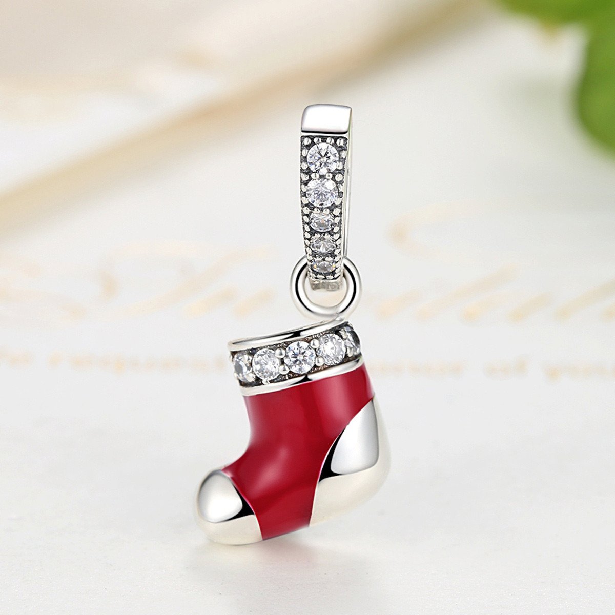 925 Sterling Silver Christmas Gift Socks Pendant for Silver Snake Necklace Women Winter Jewelry with CZ Red Enamel SCC074