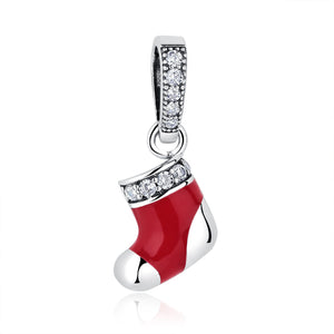 925 Sterling Silver Christmas Gift Socks Pendant for Silver Snake Necklace Women Winter Jewelry with CZ Red Enamel SCC074