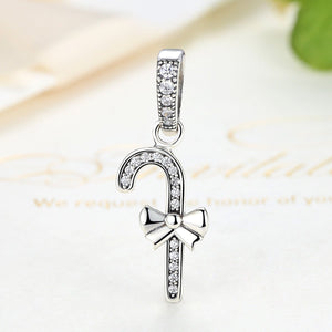 925 Sterling Silver Christmas Santa Claus Walking Stick Charm Pendant for Holiday Party Festival Ornament with Sparkling CZ Diamond SCC076