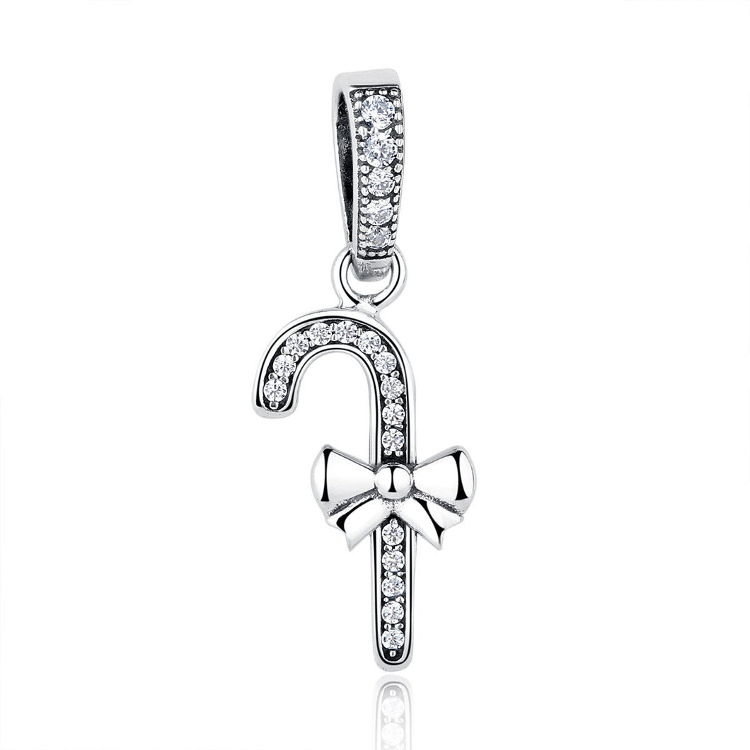 925 Sterling Silver Christmas Santa Claus Walking Stick Charm Pendant for Holiday Party Festival Ornament with Sparkling CZ Diamond SCC076