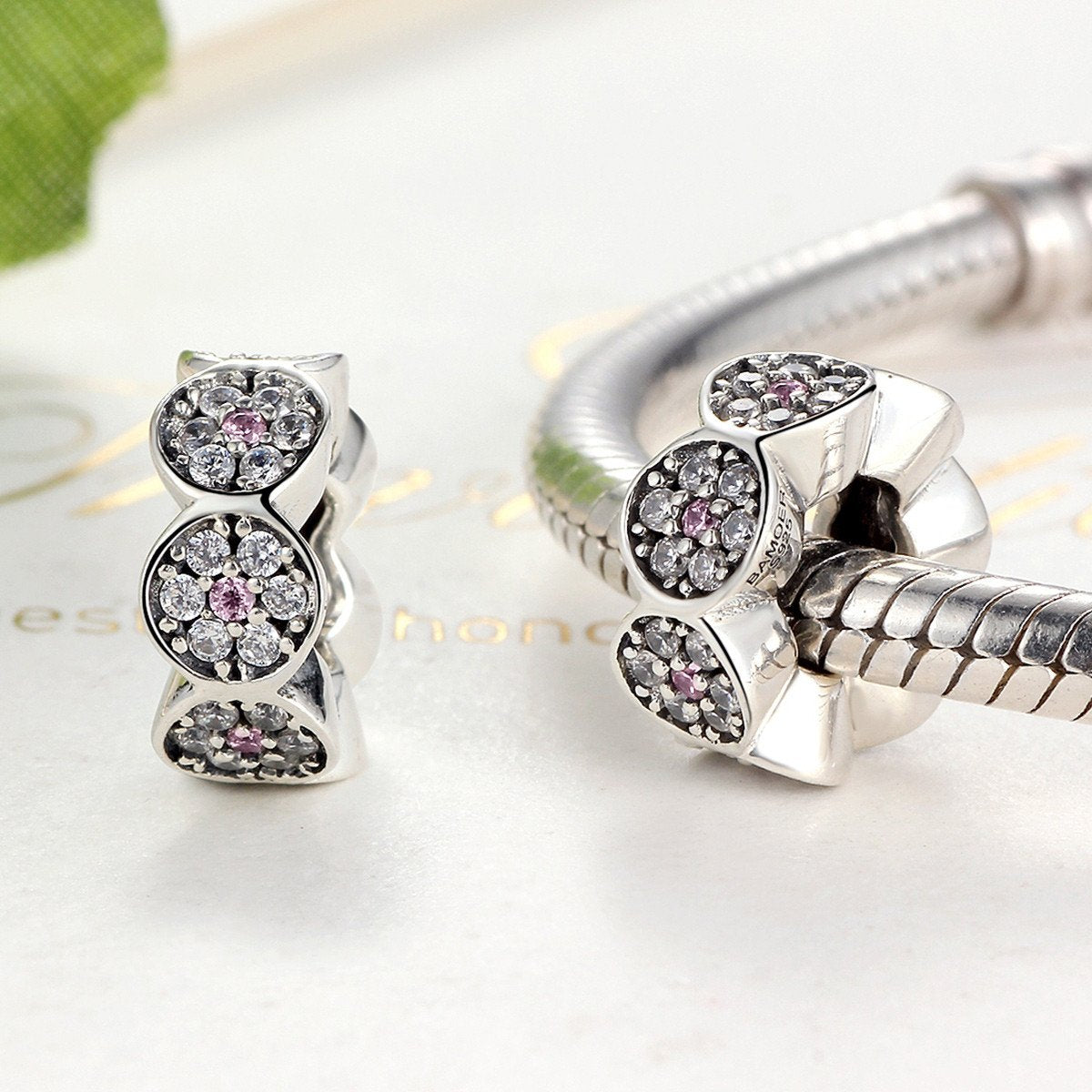 New Arrival 925 Sterling Silver Clearly CZ Pink Silver Spacers Charms fit Bracelet Women Fashion Jewelry  SCC101