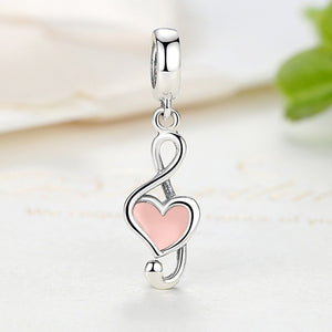100% 925 Sterling Silver Pink Heart Pendant Music Note Charms Fit Pandora Bracelets Women Fashion DIY Jewelry SCC110