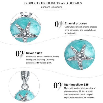 925 Sterling Silver Clear CZ Starfish & Sea Green Enamel Pendant Charm fit Bracelet Jewelry SCC136