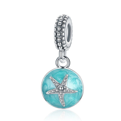 925 Sterling Silver Clear CZ Starfish & Sea Green Enamel Pendant Charm fit Bracelet Jewelry SCC136