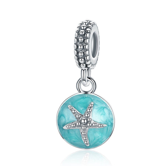 925 Sterling Silver Clear CZ Starfish & Sea Green Enamel Pendant Charm fit Bracelet Jewelry SCC136