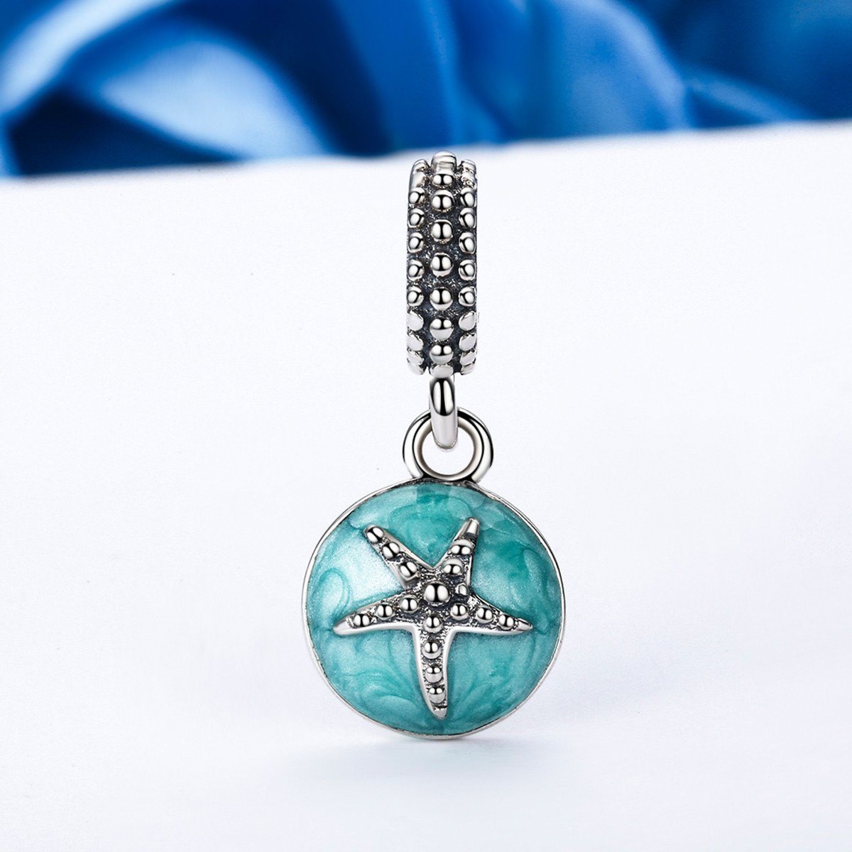 925 Sterling Silver Clear CZ Starfish & Sea Green Enamel Pendant Charm fit Bracelet Jewelry SCC136