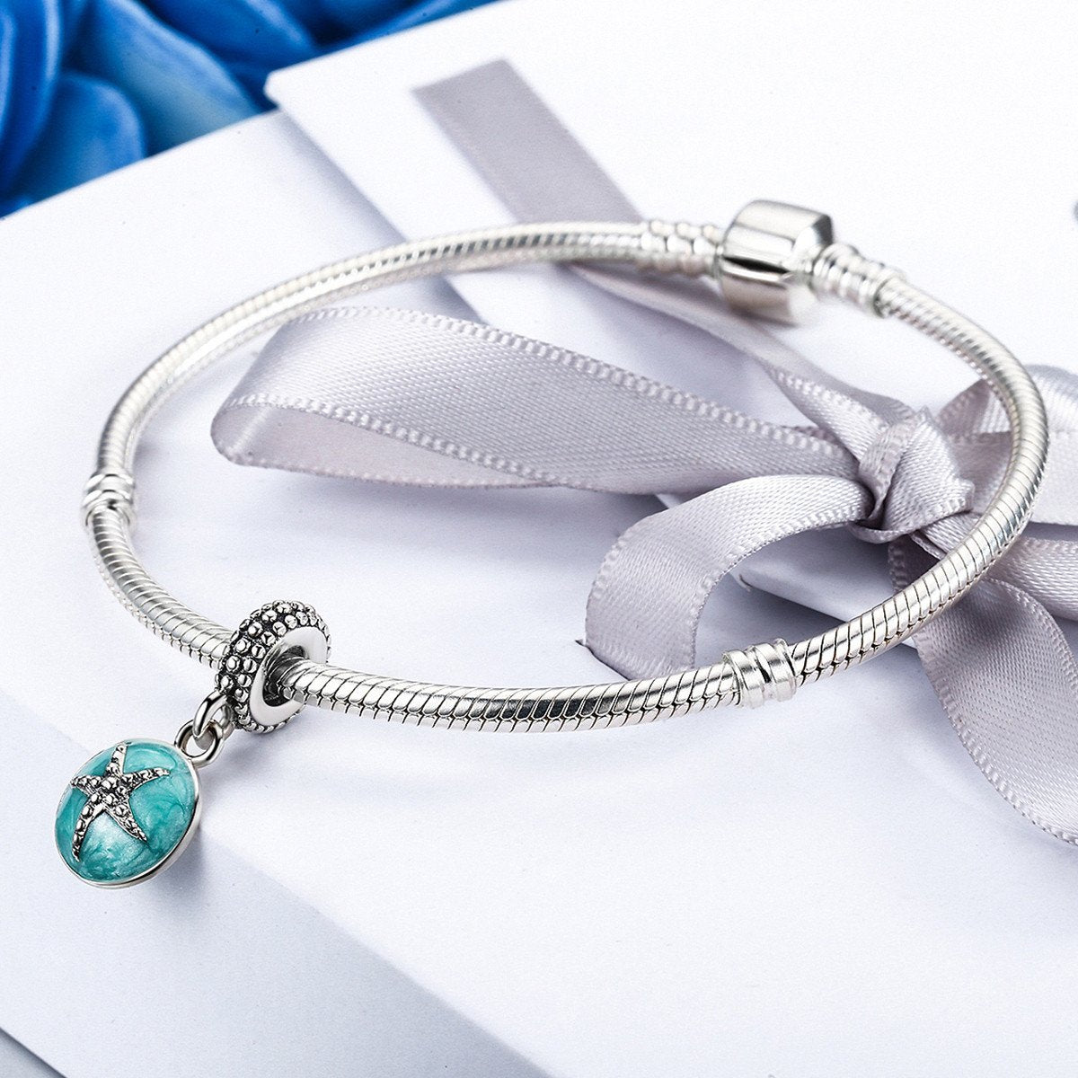 925 Sterling Silver Clear CZ Starfish & Sea Green Enamel Pendant Charm fit Bracelet Jewelry SCC136