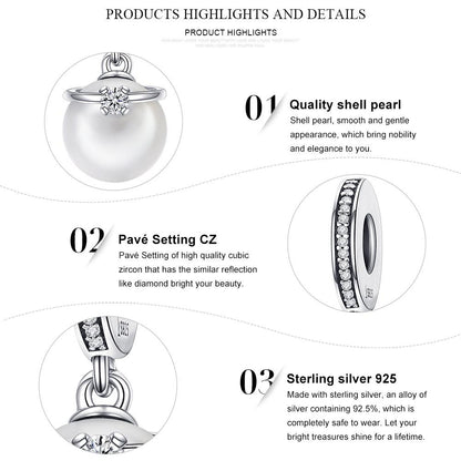 925 Sterling Silver Elegant Imitation Pearl & Clear CZ Crown Pendant Charm fit Bracelet Jewelry SCC137