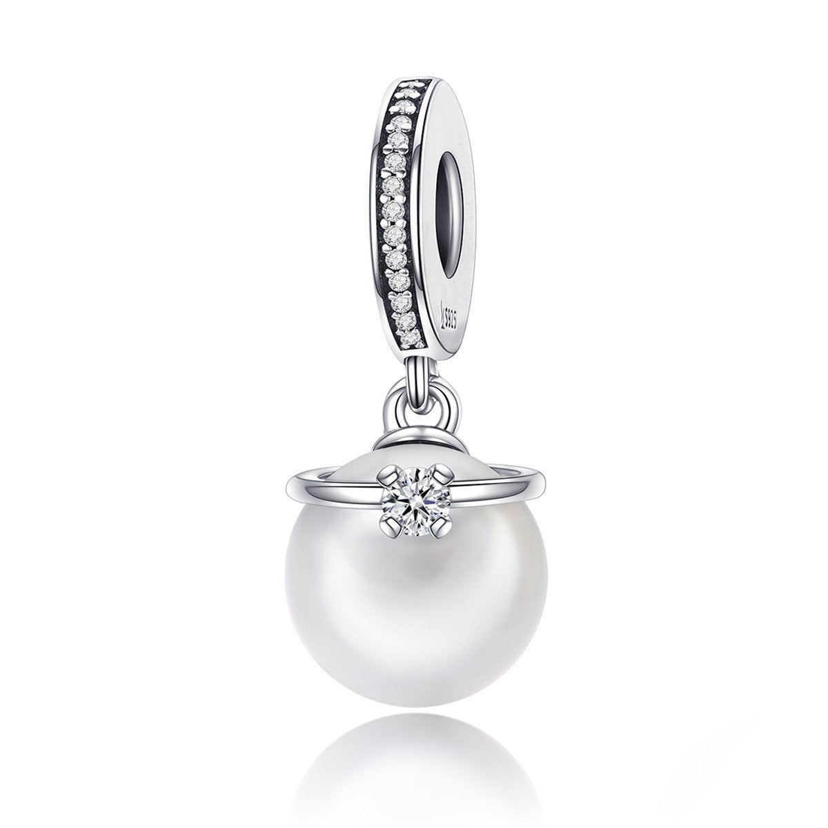 925 Sterling Silver Elegant Imitation Pearl & Clear CZ Crown Pendant Charm fit Bracelet Jewelry SCC137