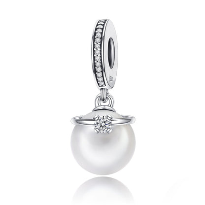 925 Sterling Silver Elegant Imitation Pearl & Clear CZ Crown Pendant Charm fit Bracelet Jewelry SCC137