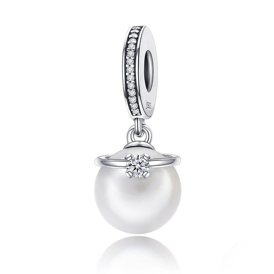 925 Sterling Silver Elegant Imitation Pearl & Clear CZ Crown Pendant Charm fit Bracelet Jewelry SCC137