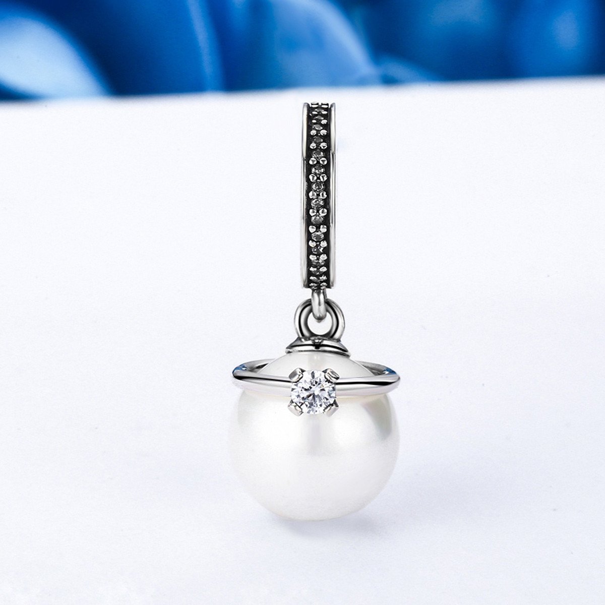 925 Sterling Silver Elegant Imitation Pearl & Clear CZ Crown Pendant Charm fit Bracelet Jewelry SCC137