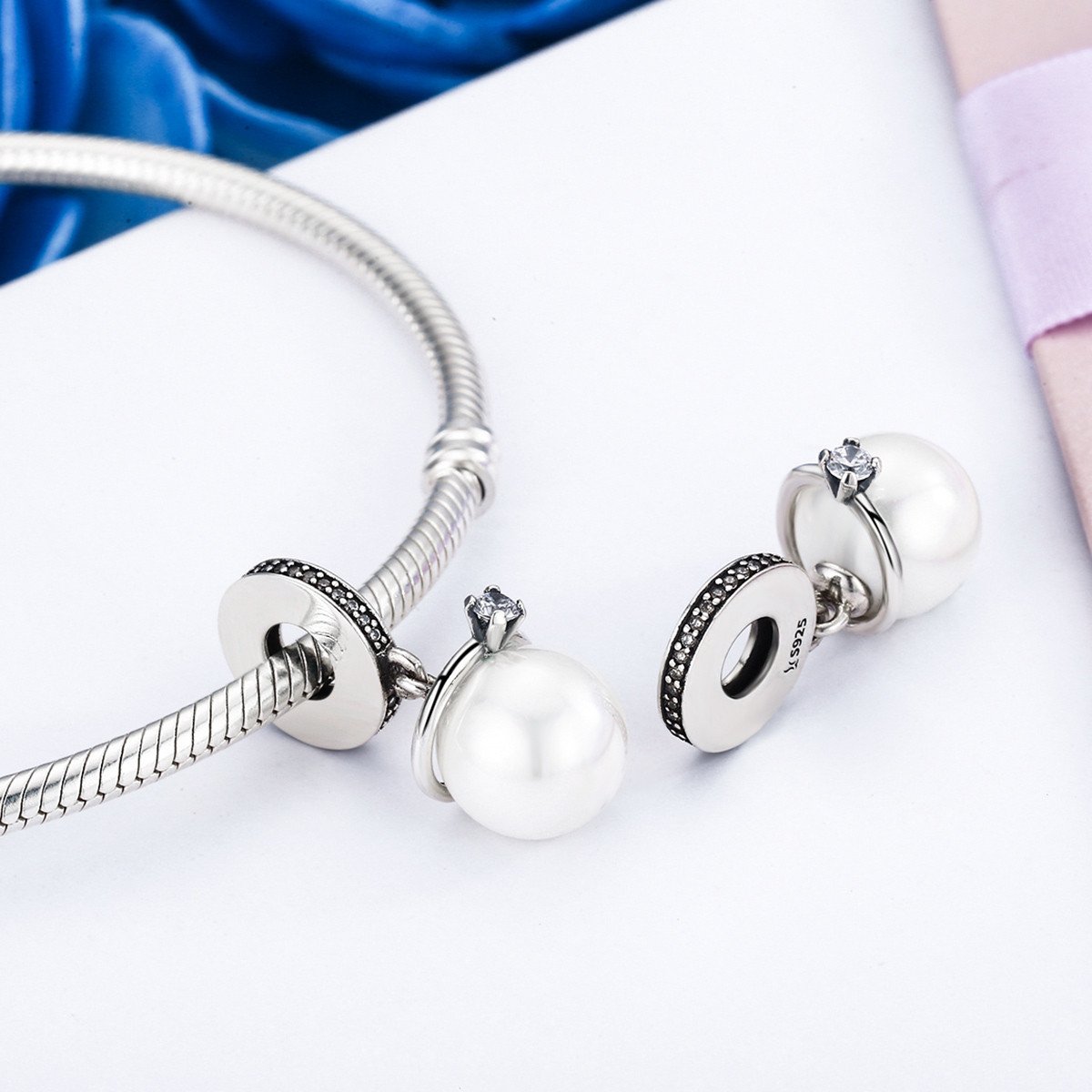925 Sterling Silver Elegant Imitation Pearl & Clear CZ Crown Pendant Charm fit Bracelet Jewelry SCC137