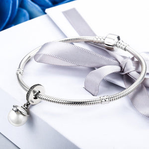 925 Sterling Silver Elegant Imitation Pearl & Clear CZ Crown Pendant Charm fit Bracelet Jewelry SCC137
