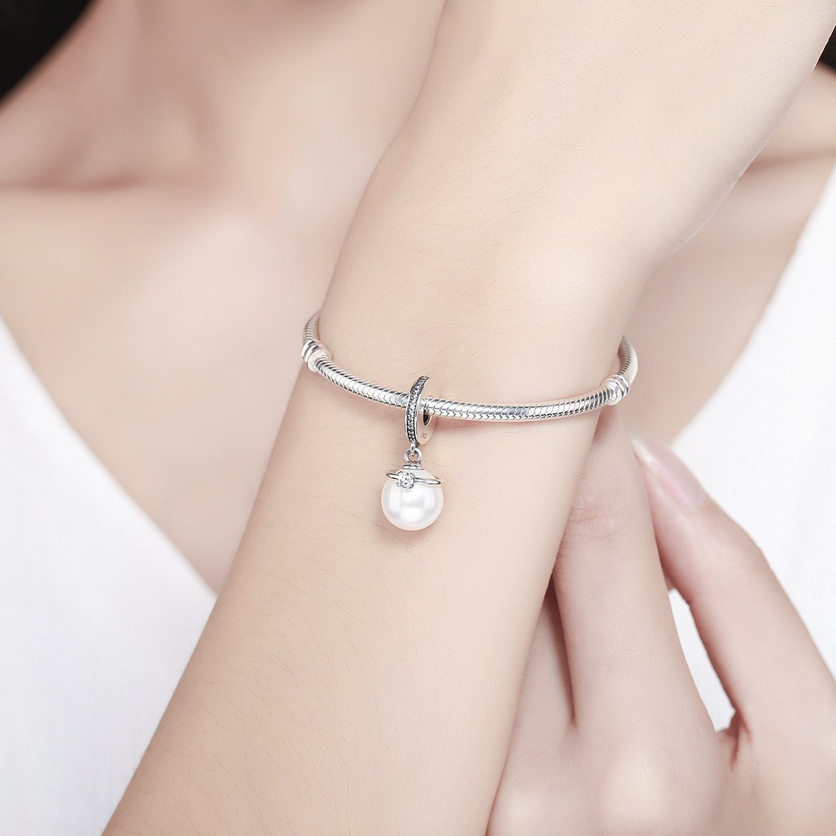 925 Sterling Silver Elegant Imitation Pearl & Clear CZ Crown Pendant Charm fit Bracelet Jewelry SCC137