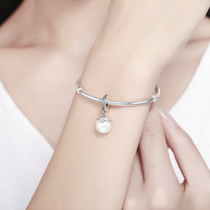 925 Sterling Silver Elegant Imitation Pearl & Clear CZ Crown Pendant Charm fit Bracelet Jewelry SCC137