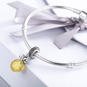925 Sterling Silver Summer Yellow Crystal Pineapple CZ, Charm Beads fit Charm Bracelet DIY Jewelry SCC150
