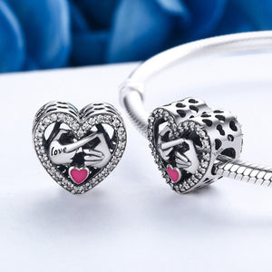 925 Sterling Silver Commitment To Love Hand Pink Enamel Heart Beads fit Women Charm Bracelets Jewelry Gift SCC166