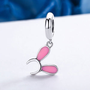 925 Sterling Silver Sweet Rabbit Ears & Pink Enamel Animal Charms Fit Bracelets DIY Jewelry Making SCC177
