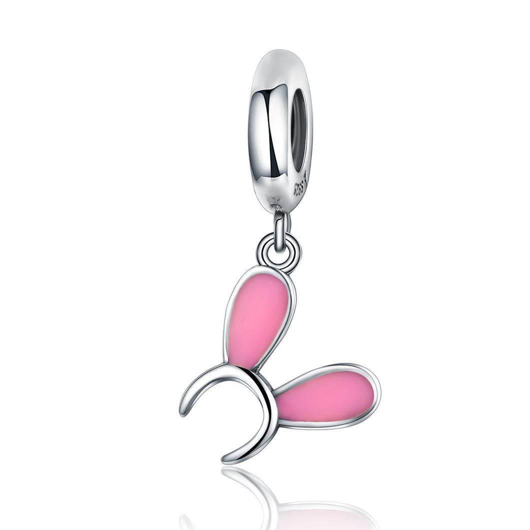 925 Sterling Silver Sweet Rabbit Ears & Pink Enamel Animal Charms Fit Bracelets DIY Jewelry Making SCC177
