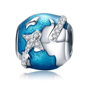 925 Sterling Silver World Traveling & Dazzling CZ Blue Enamel Beads Fit Bracelets Jewelry Gift SCC183