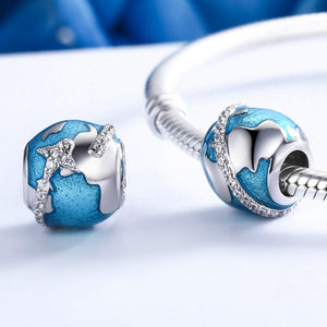 925 Sterling Silver World Traveling & Dazzling CZ Blue Enamel Beads Fit Bracelets Jewelry Gift SCC183