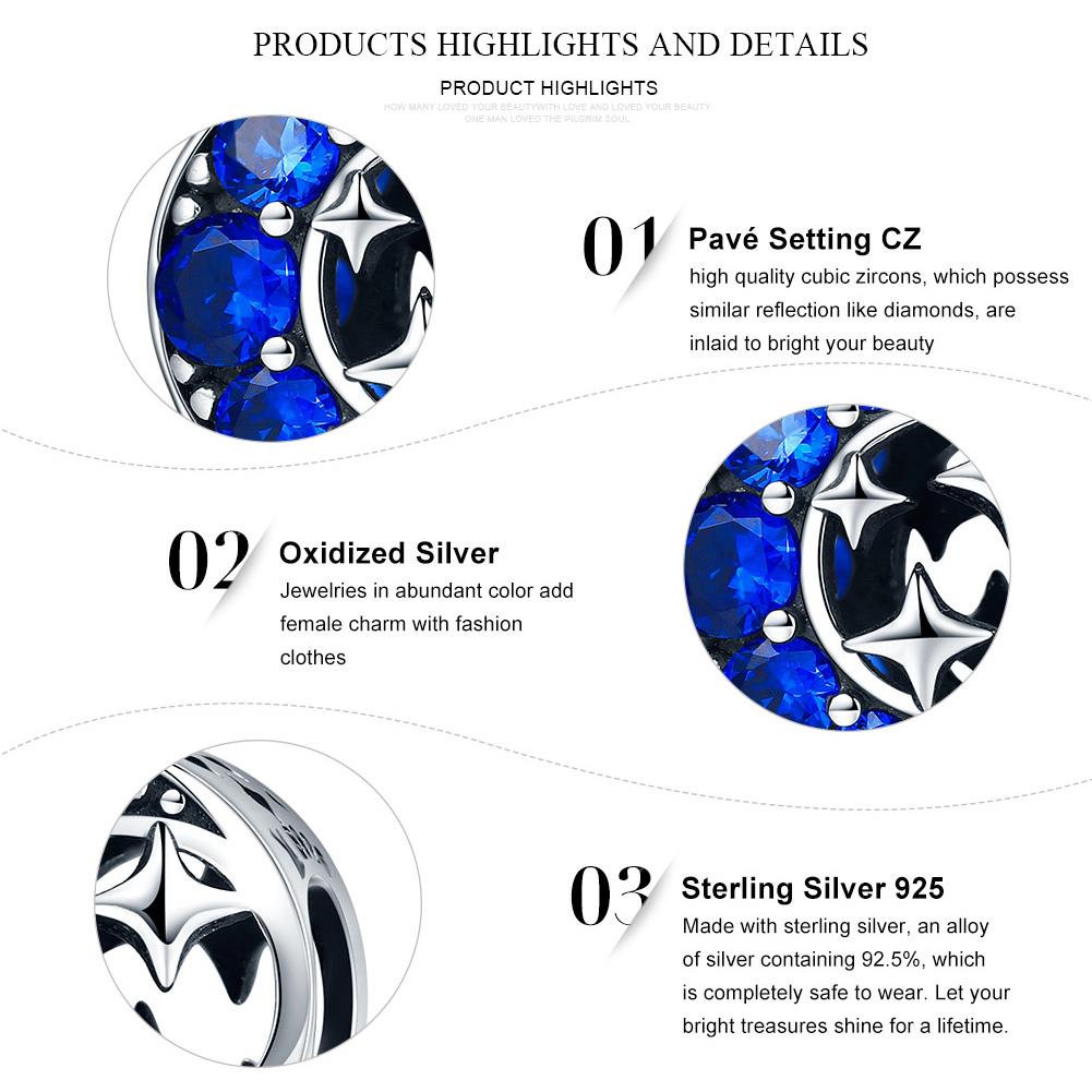925 Sterling Silver Star & Moon Legend Blue Cubic Zircon Beads Charms fit Women Bracelets DIY Jewelry Gift SCC184