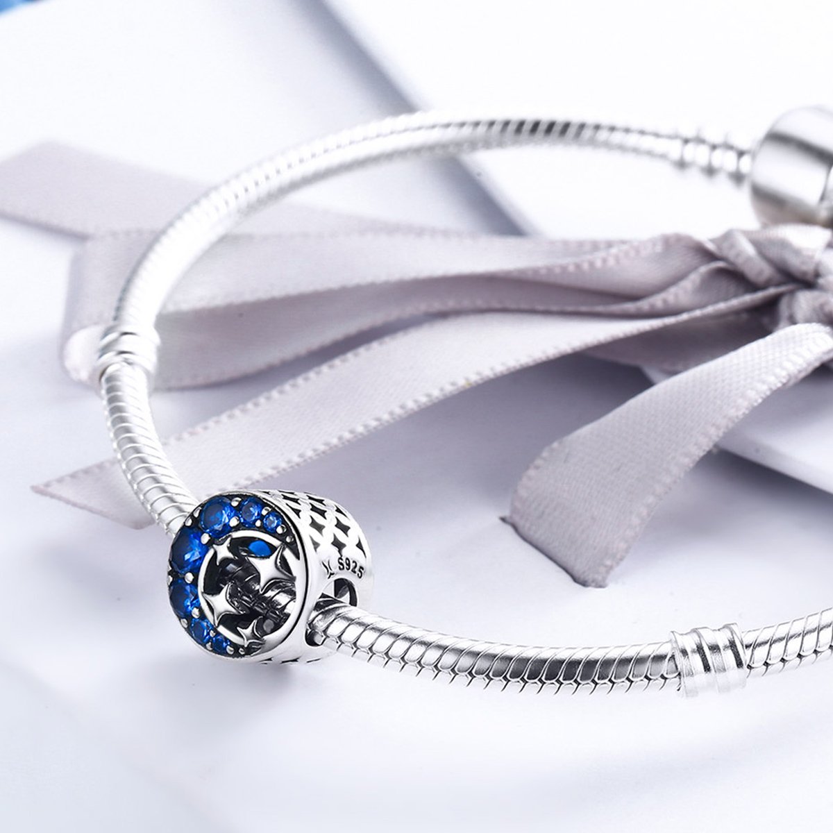 925 Sterling Silver Star & Moon Legend Blue Cubic Zircon Beads Charms fit Women Bracelets DIY Jewelry Gift SCC184