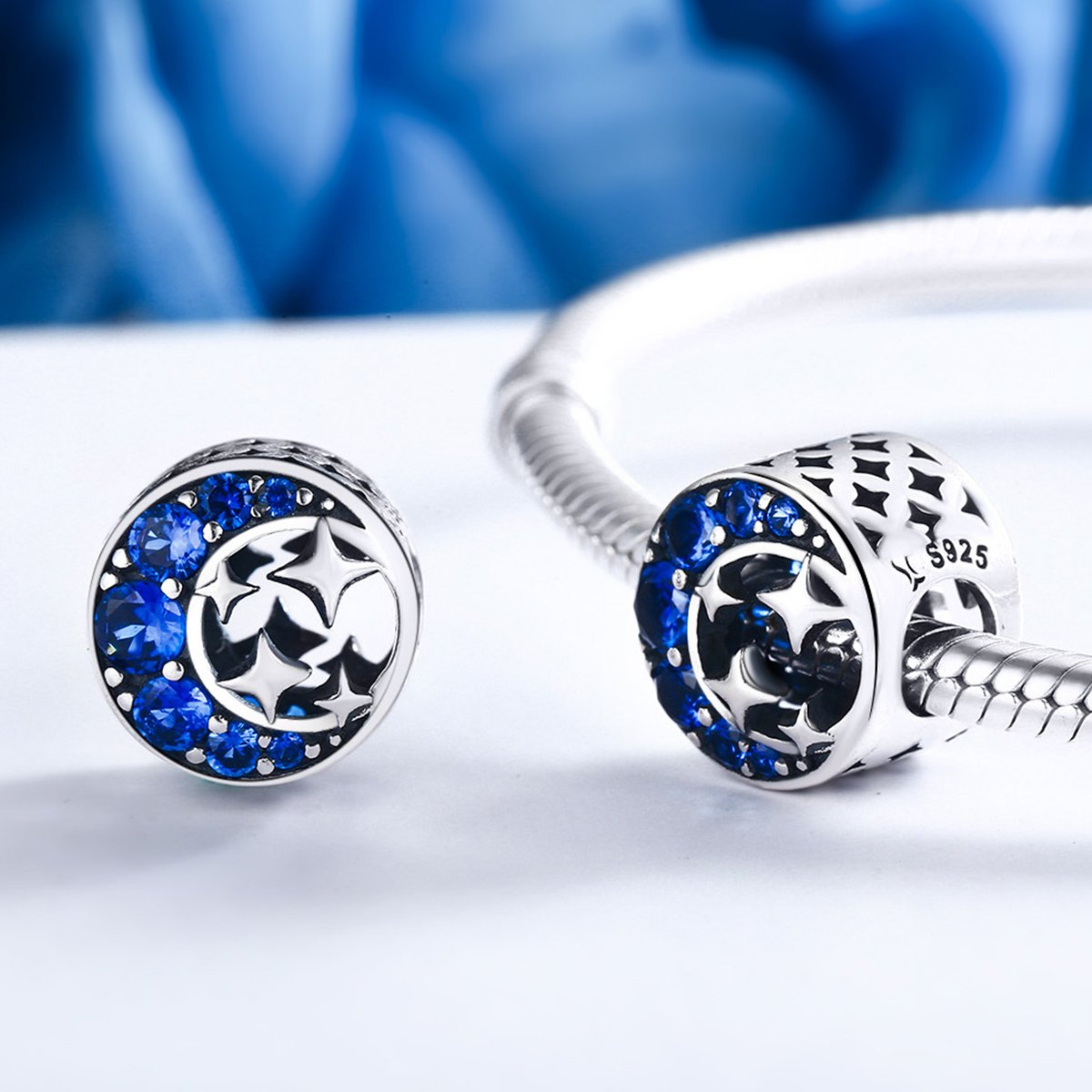 925 Sterling Silver Star & Moon Legend Blue Cubic Zircon Beads Charms fit Women Bracelets DIY Jewelry Gift SCC184