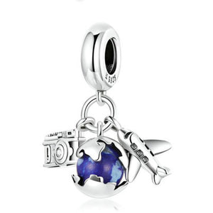 925 Sterling Silver Camera And Plane Travel The Globe Dangle Charm