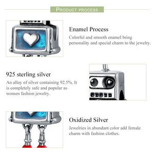 Fashion New 100% 925 Sterling Silver Cute Robot Heart Charms fit Charm Bracelets for Women Sterling Silver jewelry SCC346