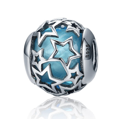 Popular 925 Sterling Silver Shimmering Star Openwork Blue Crystal Beads fit Women Bracelets & Bangles Jewelry SCC411