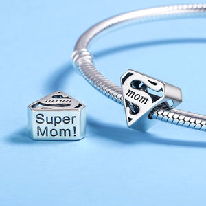 Authentic 925 Sterling Silver Super Mom Mother Engrave Beads fit Charm Bracelets & Bangles Jewelry Mother Gift SCC429