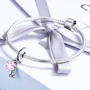 Fashion New 925 Sterling Silver Animal Dog Footprint & Dog Bone Pendant Charm fit Women Bracelet DIY Jewelry SCC452