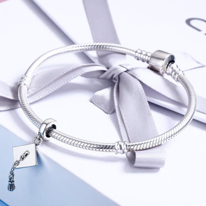 Authentic 925 Sterling Silver Graduate Trencher Cap Long Tassel Pendant Charm fit Women Bracelet DIY Jewelry Gift SCC459