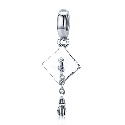Authentic 925 Sterling Silver Graduate Trencher Cap Long Tassel Pendant Charm fit Women Bracelet DIY Jewelry Gift SCC459