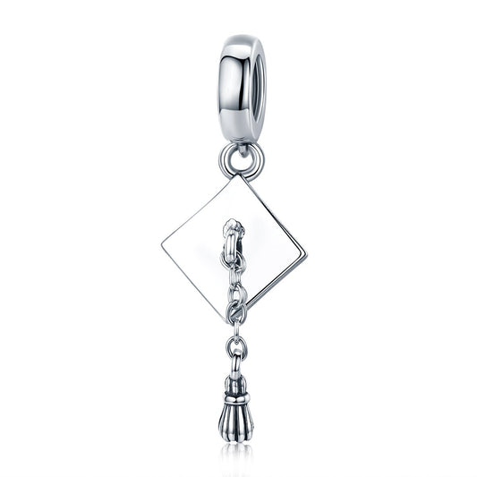 Authentic 925 Sterling Silver Graduate Trencher Cap Long Tassel Pendant Charm fit Women Bracelet DIY Jewelry Gift SCC459